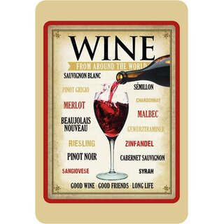 Schild Spruch "Wine from around the world, good wine friend long life" 20 x 30 cm