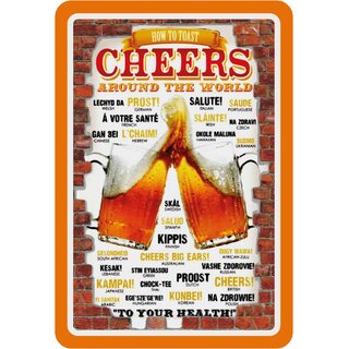 Schild Spruch "How to toast cheers around the world, to your health" 20 x 30 cm