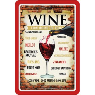 Schild Spruch "Wine from around the world, good friends" roter Rahmen 20 x 30 cm