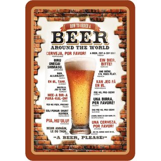 Schild Spruch "How to order a beer around the world, beer please" Ziegelsteine 20 x 30 cm 