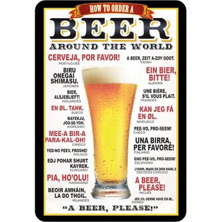 Schild Spruch "How to order a beer around the world" schwarzer Rahmen 20 x 30 cm 