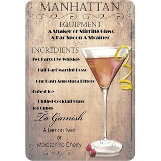 Schild Cocktailrezept "Manhatten, equipment ingredients lemon" 20 x 30 cm
