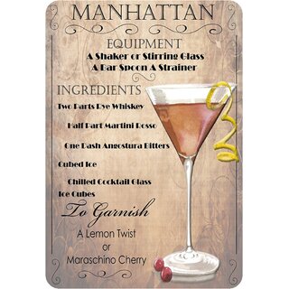 Schild Cocktailrezept "Manhatten, equipment ingredients lemon" 20 x 30 cm 