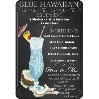Schild Cocktailrezept "Blue Hawaiian, Equipment, Ingredients, Mix" 20 x 30 cm 