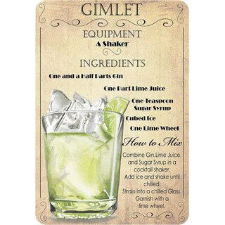 Schild Cocktailrezept "Gimlet, Equipment, Ingredients, Mix" beige 20 x 30 cm