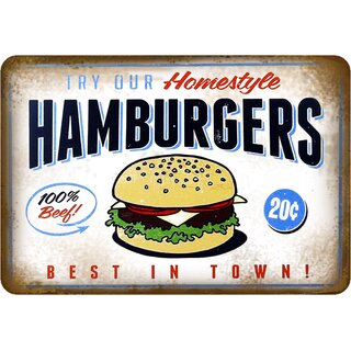 Schild Spruch "Try our homesytle Hamburgers, best in town" 20 x 30 cm