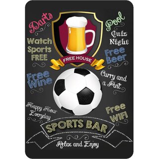 Schild Spruch "Sports Bar, relax and enjoy, Beer free house" Fußball 20 x 30 cm