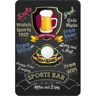 Schild Spruch "Sports Bar, relax and enjoy, Beer free house" Golf 20 x 30 cm 