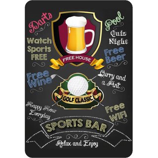 Schild Spruch "Sports Bar, relax and enjoy, Beer free house" Golf 20 x 30 cm