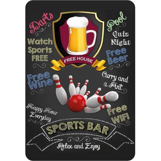 Schild Spruch "Sports Bar, relax and enjoy, Beer free house" Bowling 20 x 30 cm