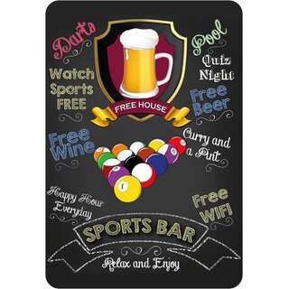Schild Spruch "Sports Bar, relax and enjoy, Beer free house" Billard Kugeln 20 x 30 cm 