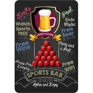 Schild Spruch "Sports Bar, relax and enjoy, Beer free house" Billard rot 20 x 30 cm 
