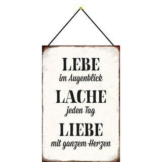 Schild Spruch "Lebe Augenblick, Lache, Liebe mit Herzen" 20 x 30 cm Blechschild mit Kordel
