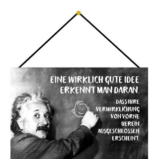 Schild Spruch "gute Idee, Verwirklichung ausgeschlossen" Einstein 20 x 30 cm Blechschild mit Kordel