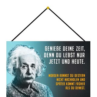 Schild Spruch "Genieße Zeit, lebst nur jetzt heute" Einstein blau 20 x 30 cm Blechschild mit Kordel