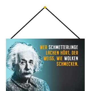 Schild Spruch "Schmetterlinge lachen Wolken schmecken" Einstein blau 20 x 30 cm Blechschild mit Kordel