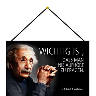 Schild Spruch "Wichtig ist, dass man nie aufhört zu fragen" Einstein 20 x 30 cm Blechschild mit Kordel