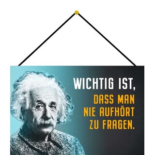 Schild Spruch "Wichtig, nie aufhört zu fragen" Einstein blau 20 x 30 cm Blechschild mit Kordel