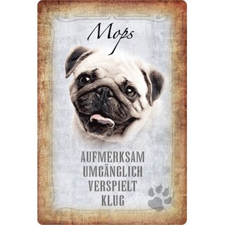 Schild Spruch "Mops, aufmerksam verspielt klug" Hund 20 x 30 cm