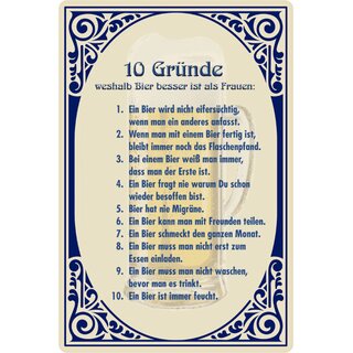 Schild Spruch "10 Gründe Bier besser als Frauen" 20 x 30 cm
