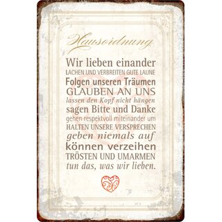 Schild Spruch "Hausordnung, lieben träumen verzeihen" 20 x 30 cm 