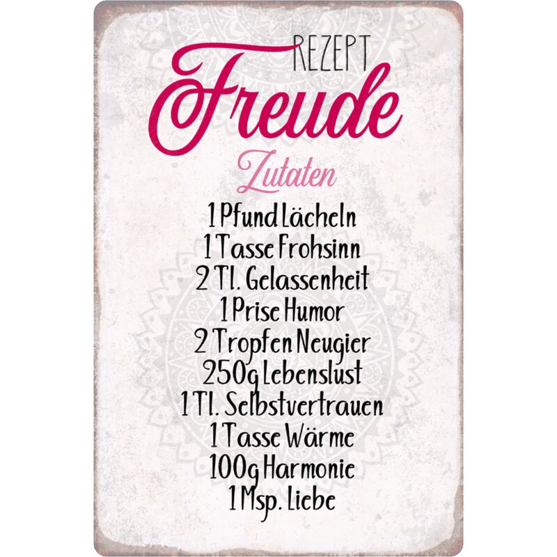 Schild Spruch "Rezept Freude Zutaten" 20 x 30 cm, 9,99