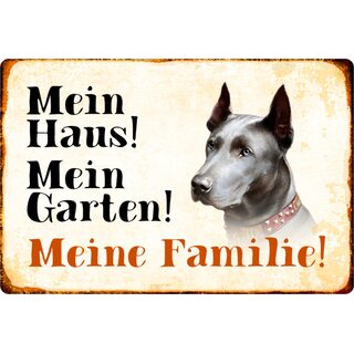 Schild Spruch "Mein Haus, Garten, Familie" Dogge Hund 20 x 30 cm 