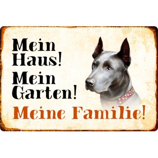 Schild Spruch "Mein Haus, Garten, Familie" Dogge Hund 20 x 30 cm