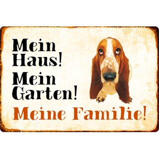 Schild Spruch "Mein Haus, Garten, Familie" Bassett Hund 20 x 30 cm 