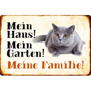Schild Spruch "Mein Haus, Garten, Familie" Kater Katze 20 x 30 cm, 9,