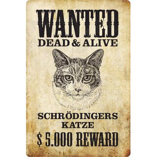 Schild Spruch "Wanted dead alive Schrödingers Katze Reward" 20 x 30 cm 