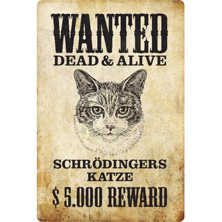 Schild Spruch "Wanted dead alive Schrödingers Katze Reward" 20 x 30 cm