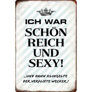 Schild Spruch "war schön reich sexy, klingelte Wecker" 20 x 30 cm
