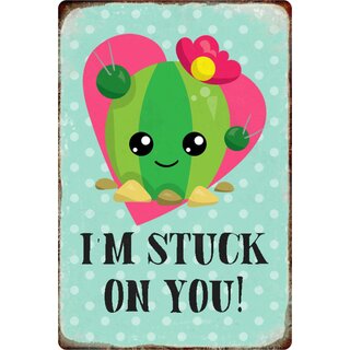 Schild Spruch "Im stuck on you" Kaktus Pflanze Herz Blume 20 x 30 cm 