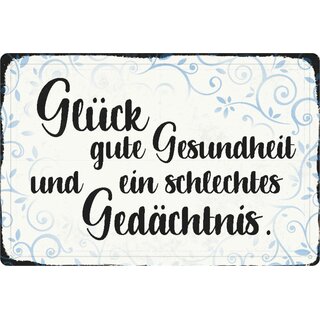 Schild Spruch "Glück, gute Gesundheit, ein schlechtes Gedächtnis" 20 x 30 cm 