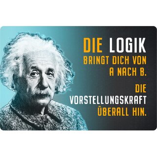 Schild Spruch "Logik A nach B, Vorstellungskraft" Einstein blau 20 x 30 cm 