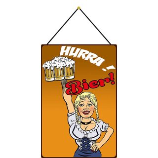 Schild Spruch "Hurra Bier" braun 20 x 30 cm Blechschild mit Kordel