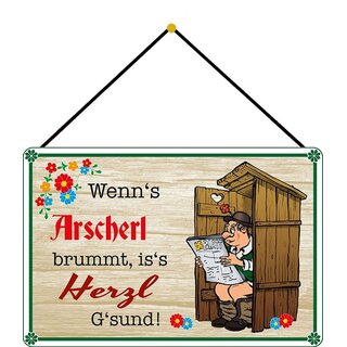 Schild Spruch "Wenns Arscherl brummt iss Herzl Gsund" 20 x 30 cm Blechschild mit Kordel