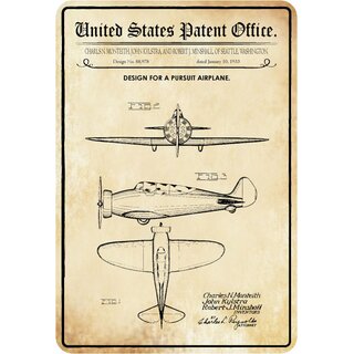 Schild Motiv "Flugzeug Design Pursuit Airplane 1933" 20 x 30 cm