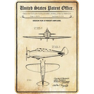 Schild Motiv "Flugzeug Design Pursuit Airplane 1933" 20 x 30 cm 