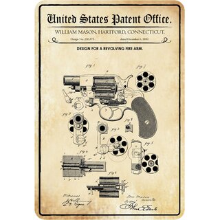 Schild Motiv "Waffe, Design revolving fire arm, Mason 1881" 20 x 30 cm