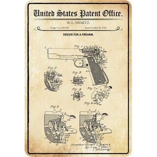 Schild Motiv "Waffe, Design firearm, Swartz 1938" 20 x 30 cm