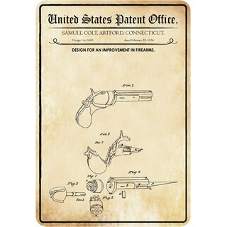 Schild Motiv "Waffe, Design improvement firearm 1836, Colt" 20 x 30 cm 