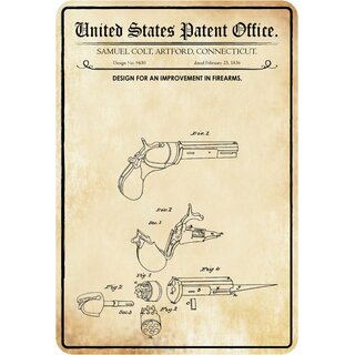 Schild Motiv "Waffe, Design improvement firearm 1836, Colt" 20 x 30 cm