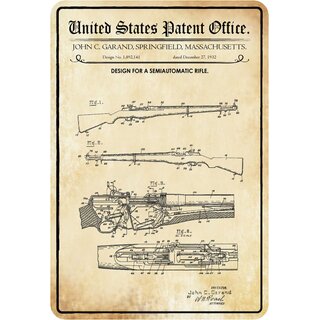 Schild Motiv "Waffe, Design semiautomatic rifle, Garand 1932" 20 x 30 cm