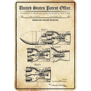 Schild Motiv "Waffe, Design rocket projectile, Hickmann 1949" 20 x 30 cm