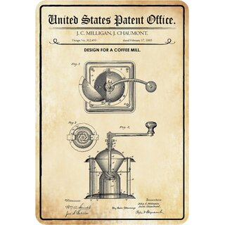 Schild Motiv "Kaffeemühle, Design coffee mill, Milligan 1885" 20 x 30 cm