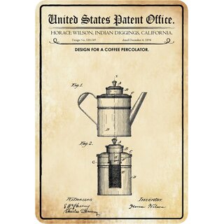 Schild Motiv "Kaffeemaschine, Design coffee percolator,Wilson 1894" 20 x 30 cm 