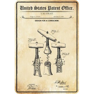 Schild Motiv "Korkenzieher, Design corkscrew, Strait 1883" 20 x 30 cm