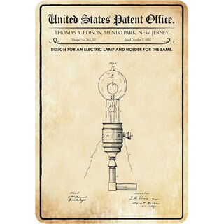 Schild Motiv "Glühbirne, Design electric lamp and holder, T. Edison 1882" 20 x 30 cm 